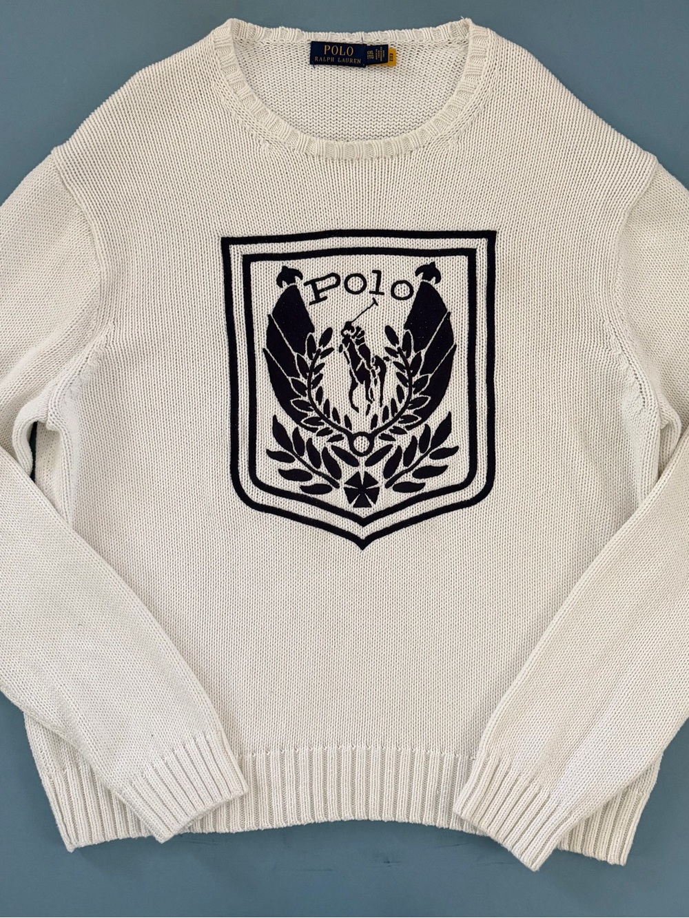 Polo Ralph Lauren Crest Embroidered Logo White Cotton Crewneck Sweater